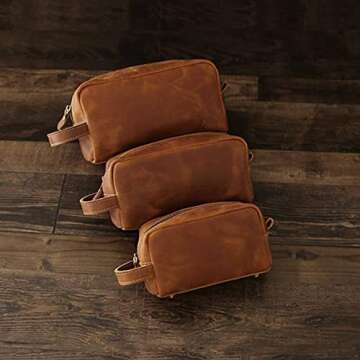 Toiletry Bag for Men or Women,Full Grain Leather Handcrafted Vintage Travel Dopp Kit,Leather Toiletrytravel Pouch,Large Cosmetic and Bathroom Travel Shaving Bag，Fully Lined with Cotton Fabric