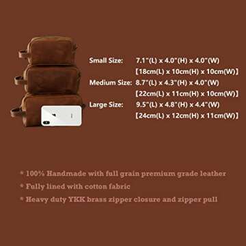 Toiletry Bag for Men or Women,Full Grain Leather Handcrafted Vintage Travel Dopp Kit,Leather Toiletrytravel Pouch,Large Cosmetic and Bathroom Travel Shaving Bag，Fully Lined with Cotton Fabric