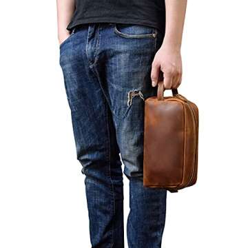 Toiletry Bag for Men or Women,Full Grain Leather Handcrafted Vintage Travel Dopp Kit,Leather Toiletrytravel Pouch,Large Cosmetic and Bathroom Travel Shaving Bag，Fully Lined with Cotton Fabric