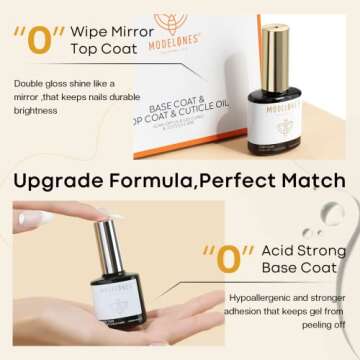 modelones 15 ml Gel Top Coat & Base with Cuticle Oil Set, 3 Pcs Gel Nail Polish Cuticle Protectors Kit No Wipe Base Gloss Top Coat & Nail Oil