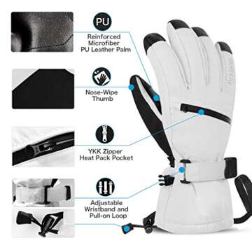 Unigear Ski Gloves Waterproof Touchscreen Snowboard Gloves, Warm Winter Snow Gloves for Cold Weather, Fits Both Men & Women (White, 5)