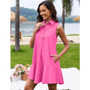 ZOCPEONY Stylish Sleeveless Shirt Dress with Pockets