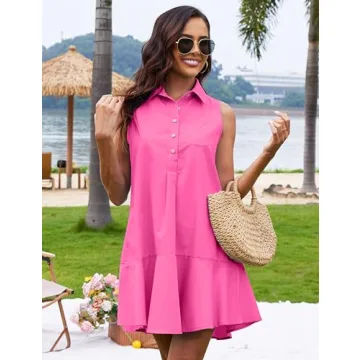 ZOCPEONY Stylish Sleeveless Shirt Dress with Pockets