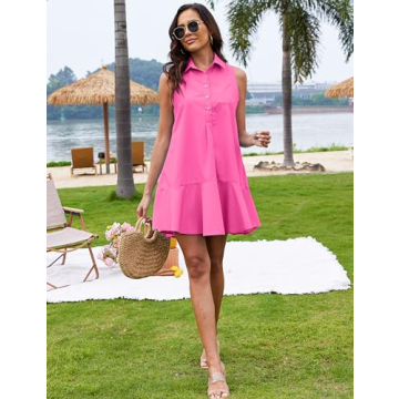 ZOCPEONY Stylish Sleeveless Shirt Dress with Pockets