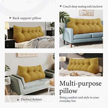BNCKTRD Headboard Pillow Wedge King Size Large Bolster Pillow for Bed Triangle Reading Pillow Back Support Pillow for Sitting Up in Bed XXL Couch Daybed Bed Rest Backrest Cushion Linen Yellow