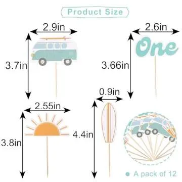 The Big One Cupcake Toppers - Retro Surfer Theme First Birthday Decor Set of 12pcs,Ocean Themed Cupc...