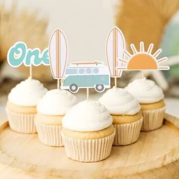 The Big One Cupcake Toppers - Retro Surfer Theme First Birthday Decor Set of 12pcs,Ocean Themed Cupcake Tops Surf Board Sun Retro Van Big One,1st Birthday Party Decorations,Photo Props for Summer