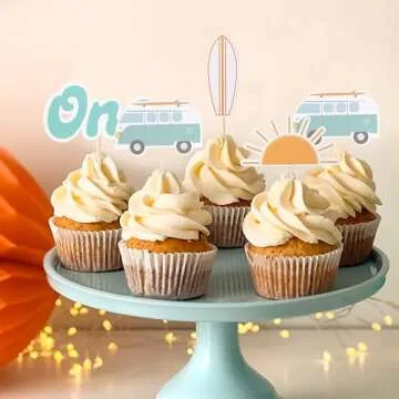 The Big One Cupcake Toppers - Retro Surfer Theme First Birthday Decor Set of 12pcs,Ocean Themed Cupcake Tops Surf Board Sun Retro Van Big One,1st Birthday Party Decorations,Photo Props for Summer