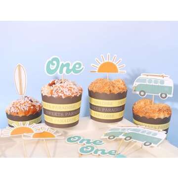 The Big One Cupcake Toppers - Retro Surfer Theme First Birthday Decor Set of 12pcs,Ocean Themed Cupcake Tops Surf Board Sun Retro Van Big One,1st Birthday Party Decorations,Photo Props for Summer