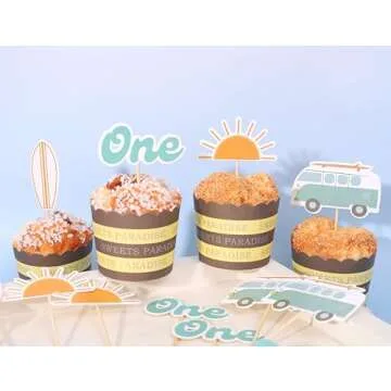 The Big One Cupcake Toppers - Retro Surfer Theme First Birthday Decor Set of 12pcs,Ocean Themed Cupcake Tops Surf Board Sun Retro Van Big One,1st Birthday Party Decorations,Photo Props for Summer