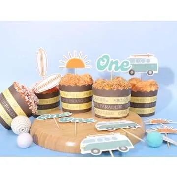 The Big One Cupcake Toppers - Retro Surfer Theme First Birthday Decor Set of 12pcs,Ocean Themed Cupcake Tops Surf Board Sun Retro Van Big One,1st Birthday Party Decorations,Photo Props for Summer