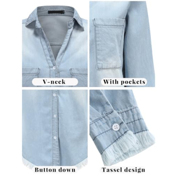 Zilcremo Denim Shirt Dress Stylish Casual Tunic Top