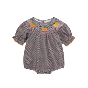 Lenjindjer Toddler Baby Girl Halloween Outfits Pumpkin Print Plaid Short Puff Sleeve Smocked Romper ...