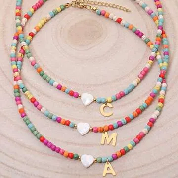 Wellike Initial Necklaces for Women Colorful Beaded Choker Necklace Stainless Steel 18K Gold Plated Y2K Aesthetic Gold Letter Necklace Handmade Boho Summer Necklace Jewelry Gift (W)