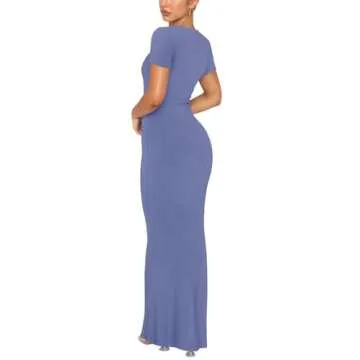 REORIA Women's Summer Sexy Casual Lounge Long Dress Elegant Wedding Guest Short Sleeve Crew Neck Bodycon Maxi Dresses Blue Nova-Small