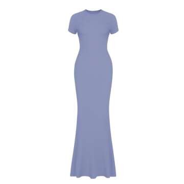 REORIA Women's Summer Sexy Casual Lounge Long Dress Elegant Wedding Guest Short Sleeve Crew Neck Bodycon Maxi Dresses Blue Nova-Small