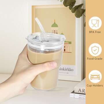 Icesip 15 oz Plastic Iced Coffee Cups with Lids and Straws Set of 6, Unbreakable Drinking Glasses Re...