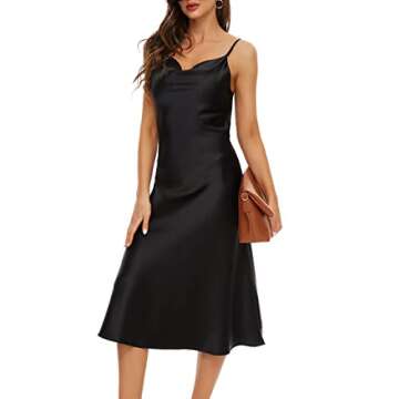 MOUEEY Women's Sleeveless Spaghetti Strap Satin Dress Cocktail Beach Evening Party Cowl Neck Midi Elegant Dresses Black S