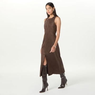 The Drop Women’s Mina Faux Suede Maxi Dress with Front Slit Detail, Hot Fudge, S