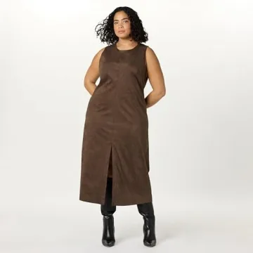 The Drop Women’s Mina Faux Suede Maxi Dress with Front Slit Detail, Hot Fudge, S