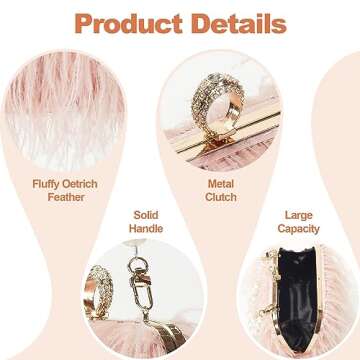 Women Pure Natural Ostrich Feather Fluffy Evening Clutch Purse Suitable for Party,Wedding,Tea Party Clutch Handbag (Pink Feather)