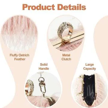 Women Pure Natural Ostrich Feather Fluffy Evening Clutch Purse Suitable for Party,Wedding,Tea Party Clutch Handbag (Pink Feather)