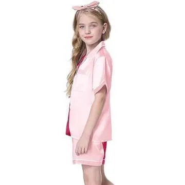 Schbbbta Women Pajamas set, Satin Silk Pajamas 2 Pcs Button Down Sleepwear Short Sleeve Loungewear Outfit for Womens, Colorblock Pink Rose, X-Small