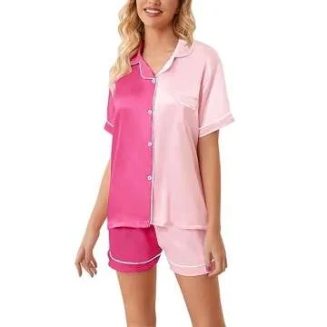 Schbbbta Women Pajamas set, Satin Silk Pajamas 2 Pcs Button Down Sleepwear Short Sleeve Loungewear Outfit for Womens, Colorblock Pink Rose, X-Small