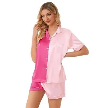 Schbbbta Women Pajamas set, Satin Silk Pajamas 2 Pcs Button Down Sleepwear Short Sleeve Loungewear Outfit for Womens, Colorblock Pink Rose, X-Small