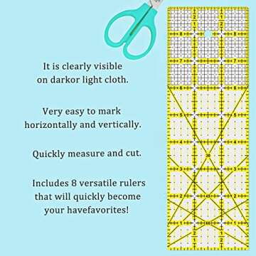 7 Piece Acrylic Quilting Ruler,Fabric Cutting Ruler, for Quilting, Sewing & Crafts Template, Double-Colored Grid Lines，with Non Slip Rings 50 Pieces