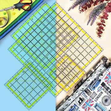 7 Piece Acrylic Quilting Ruler,Fabric Cutting Ruler, for Quilting, Sewing & Crafts Template, Double-Colored Grid Lines，with Non Slip Rings 50 Pieces