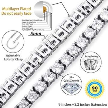 TOPGRILLZ 3-6mm Tennis Chain Anklet with Extension Bracelet for Women, 14K Gold Plated CZ Diamond Fa...