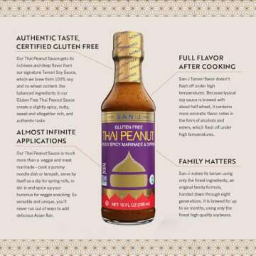 San-J - Gluten Free Thai Peanut Sauce -Traditional and Tasty Cooking Sauce - Non-GMO - 10 oz. Bottle