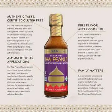 San-J - Gluten Free Thai Peanut Sauce -Traditional and Tasty Cooking Sauce - Non-GMO - 10 oz. Bottle