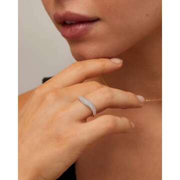 PAVOI 14K Yellow Gold Plated Wavy Cubic Zirconia Stackable Ring for Women | Twisted Wave CZ Band | D...