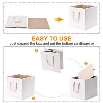 Robuy Set of 3 Beige Bamboo Fabric Cube Storage Bins with Cotton Rope Handle, Collapsible Resistant Basket Box Organizer for Shelves Size 13x13 x13 inch