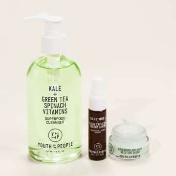 Youth To The People The Minimalist Kit - Superfood Cleanser (8oz) + Travel Size Moisture Cream (15mL), 15% Vitamin C Energy Serum (8mL) - 3 Piece Vegan Skincare Set with Face Wash, Face Cream + Serum
