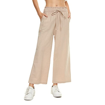 LNX Women's Linen Pants - High Waisted, Wide Leg Drawstring Trousers with Pockets (X-Large, Striped-...
