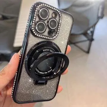 OUROL Magnetic Kickstand (Glitter Lens Protector ) Case for IPhone 15 Pro Max (Compatible with Magsafe ) ( Bling Diamond ) Cover Sparkly Shiny Rhinestone Glitter Cases