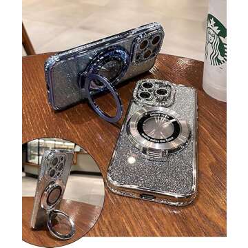 OUROL Magnetic Kickstand (Glitter Lens Protector ) Case for IPhone 15 Pro Max (Compatible with Magsafe ) ( Bling Diamond ) Cover Sparkly Shiny Rhinestone Glitter Cases