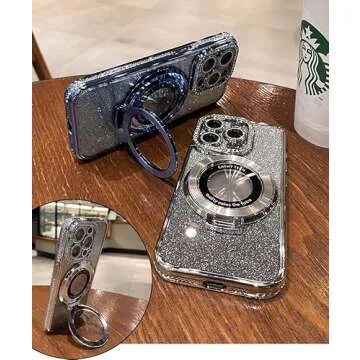OUROL Magnetic Kickstand (Glitter Lens Protector ) Case for IPhone 15 Pro Max (Compatible with Magsafe ) ( Bling Diamond ) Cover Sparkly Shiny Rhinestone Glitter Cases