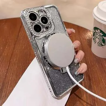 OUROL Magnetic Kickstand (Glitter Lens Protector ) Case for IPhone 15 Pro Max (Compatible with Magsafe ) ( Bling Diamond ) Cover Sparkly Shiny Rhinestone Glitter Cases