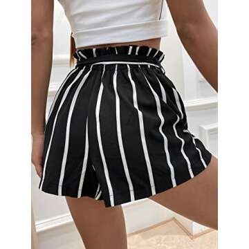 Milumia Women's Casual Striped Tie Paperbag Waist Wide Leg Belted Summer Shorts Dark Black and White...