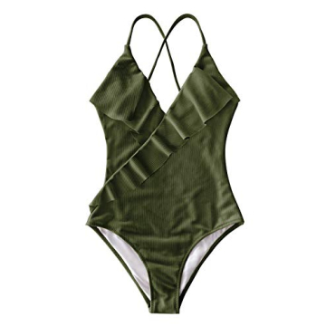 CUPSHE Women's One Piece Swimsuit Ruffle Wrap Textured Beach Swimwear Bathing Suits Green M
