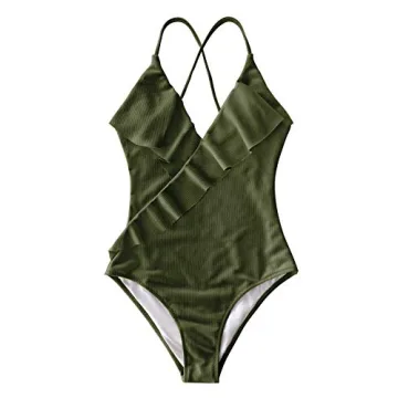 CUPSHE Women's One Piece Swimsuit Ruffle Wrap Textured Beach Swimwear Bathing Suits Green M