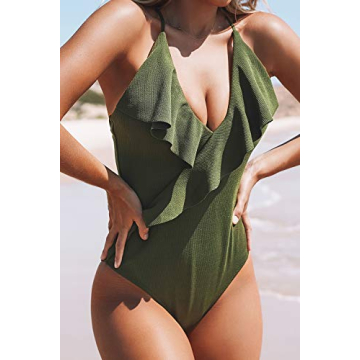 CUPSHE Women's One Piece Swimsuit Ruffle Wrap Textured Beach Swimwear Bathing Suits Green M
