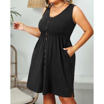 Holipick Women's Plus Size Summer Dresses for Women Casual Dress with Pockets A-Line Swing Button Down Sleeveless V Neck Black