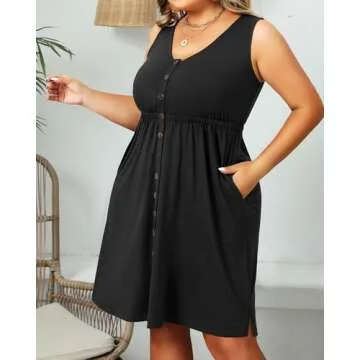 Holipick Women's Plus Size Summer Dresses for Women Casual Dress with Pockets A-Line Swing Button Down Sleeveless V Neck Black