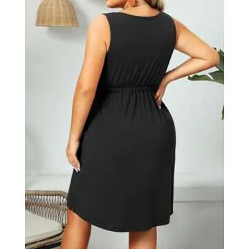 Holipick Women's Plus Size Summer Dresses for Women Casual Dress with Pockets A-Line Swing Button Down Sleeveless V Neck Black