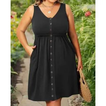 Holipick Women's Plus Size Summer Dresses for Women Casual Dress with Pockets A-Line Swing Button Down Sleeveless V Neck Black